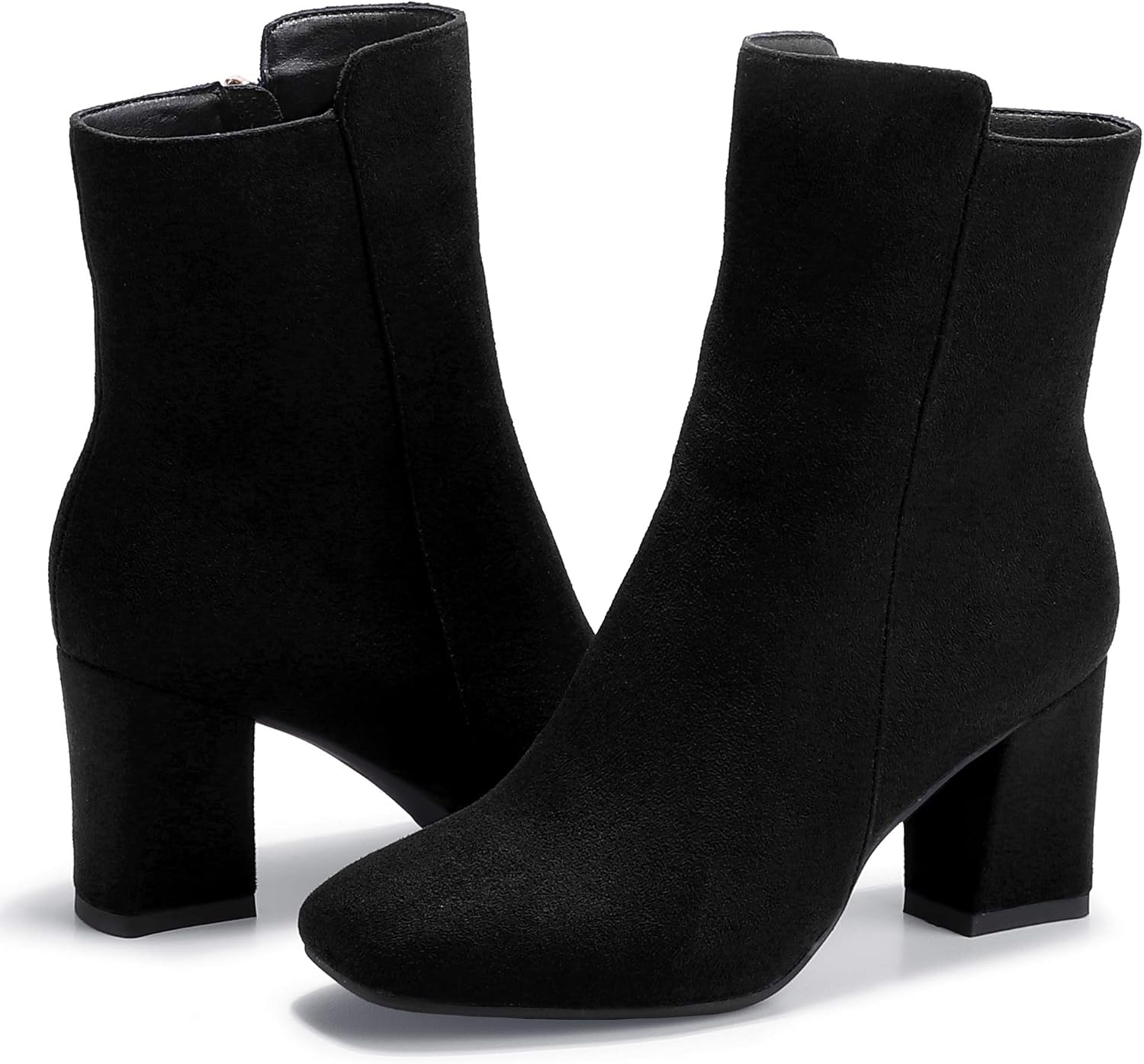image:imageIDIFU Womens Ada Fashion Square Toe Ankle Boots Low Block Heel Short Boots Side Zipper Booties Shoes Half Size LargerBlack Suede
