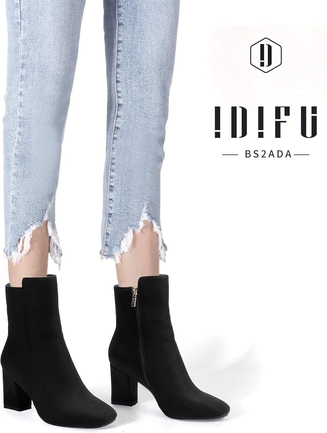 image:imageIDIFU Womens Ada Fashion Square Toe Ankle Boots Low Block Heel Short Boots Side Zipper Booties Shoes Half Size LargerBlack Suede