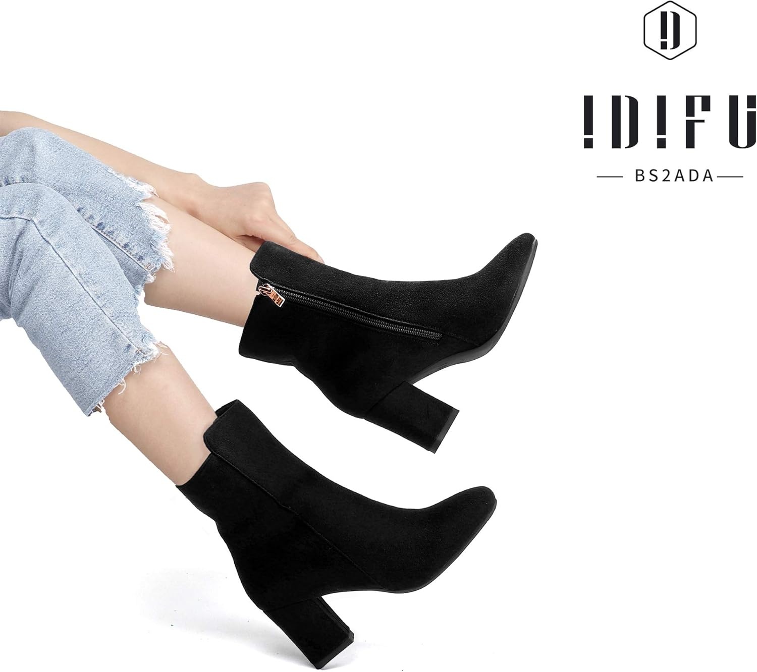 image:imageIDIFU Womens Ada Fashion Square Toe Ankle Boots Low Block Heel Short Boots Side Zipper Booties Shoes Half Size LargerBlack Suede
