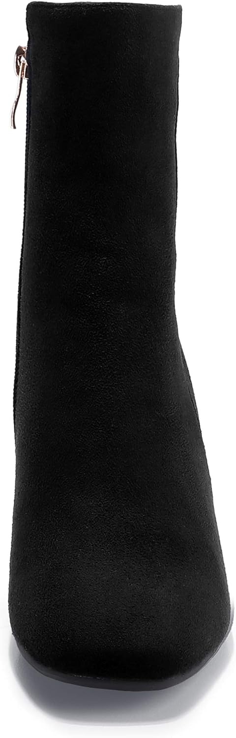 image:imageIDIFU Womens Ada Fashion Square Toe Ankle Boots Low Block Heel Short Boots Side Zipper Booties Shoes Half Size LargerBlack Suede