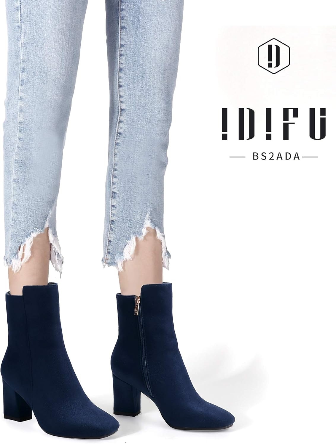 image:imageIDIFU Womens Ada Fashion Square Toe Ankle Boots Low Block Heel Short Boots Side Zipper Booties Shoes Half Size LargerBlue Suede