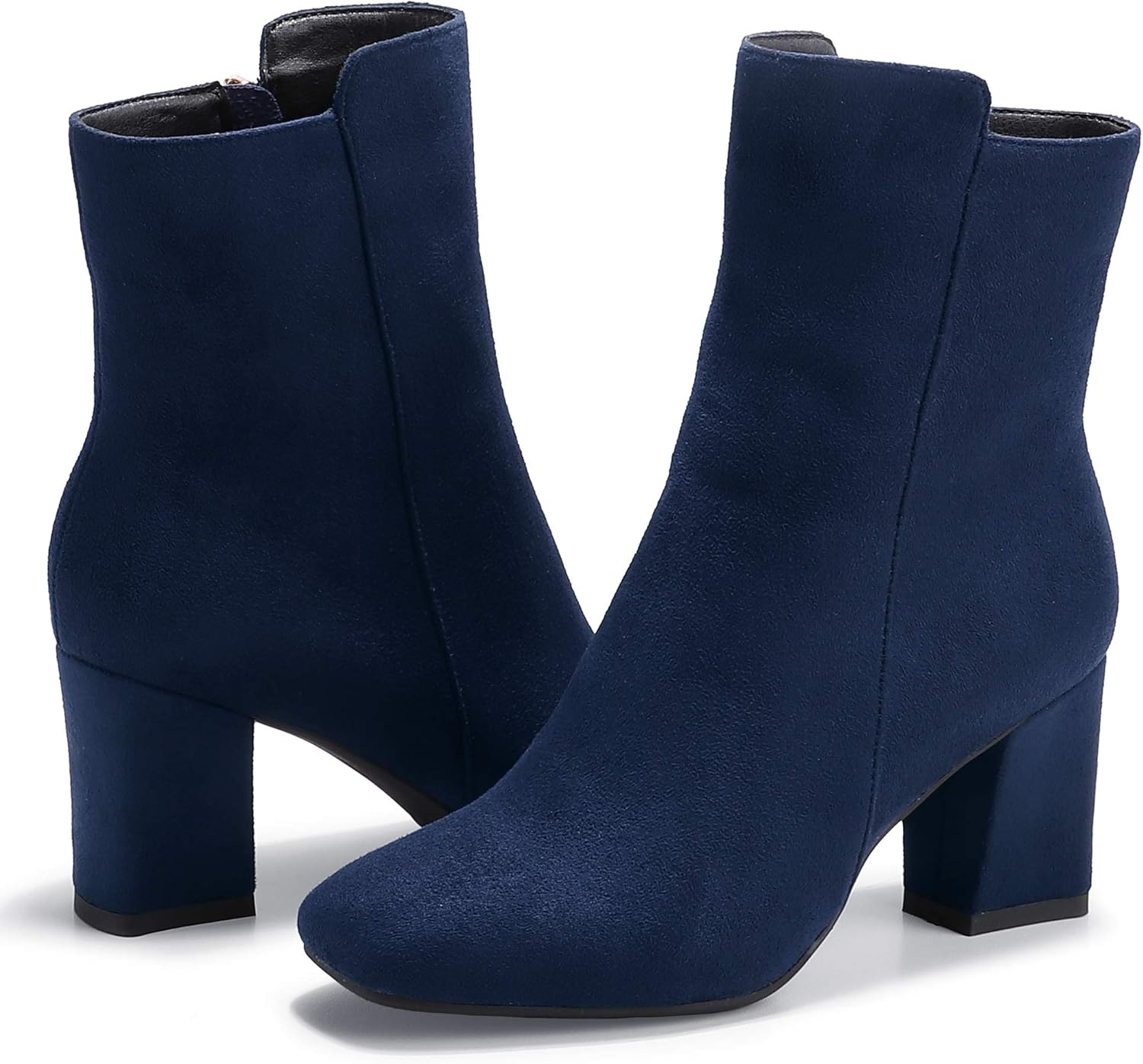 image:imageIDIFU Womens Ada Fashion Square Toe Ankle Boots Low Block Heel Short Boots Side Zipper Booties Shoes Half Size LargerBlue Suede
