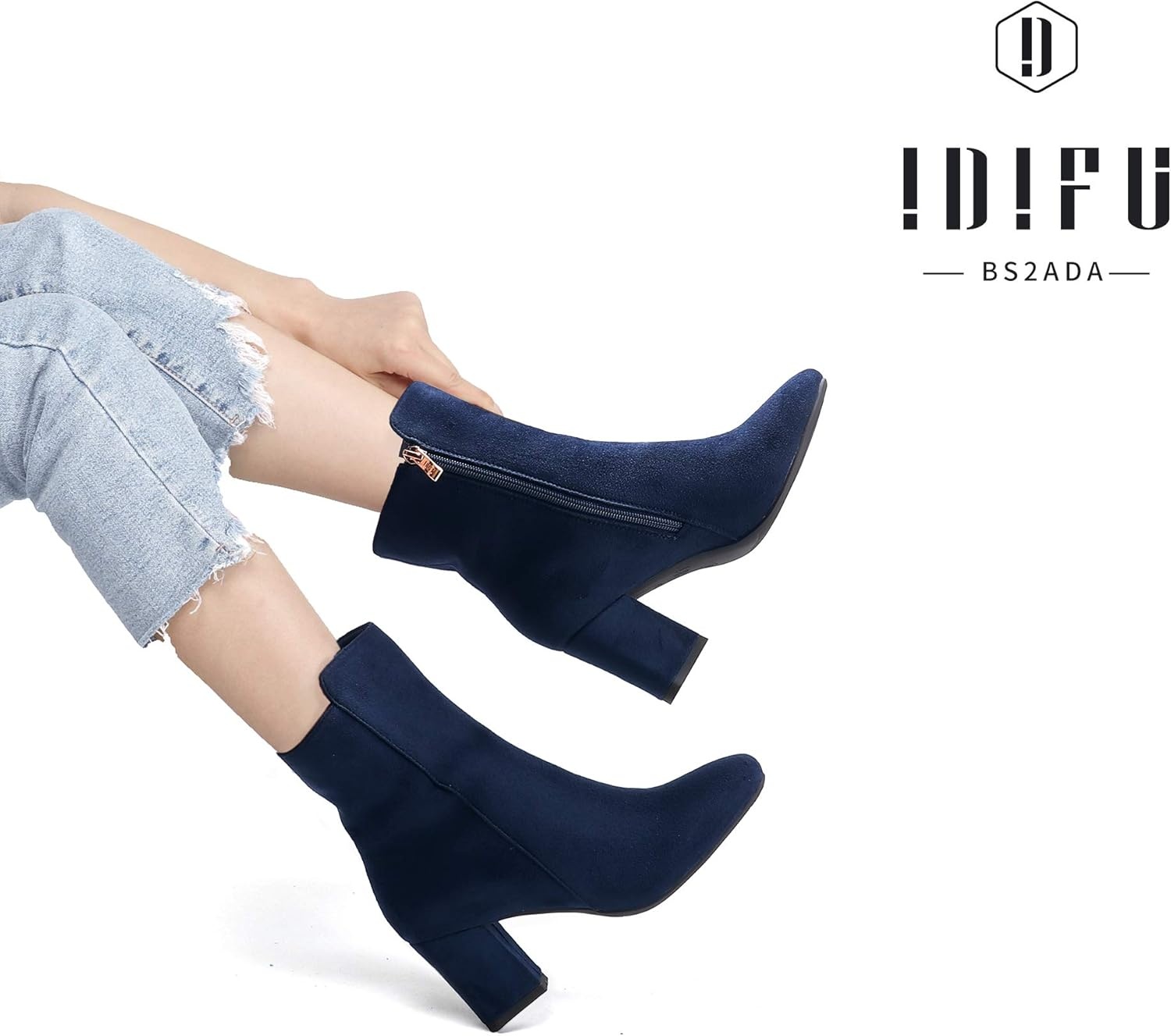 image:imageIDIFU Womens Ada Fashion Square Toe Ankle Boots Low Block Heel Short Boots Side Zipper Booties Shoes Half Size LargerBlue Suede
