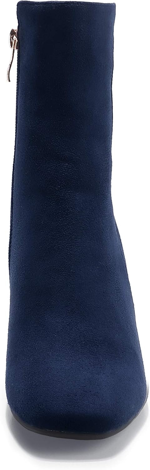 image:imageIDIFU Womens Ada Fashion Square Toe Ankle Boots Low Block Heel Short Boots Side Zipper Booties Shoes Half Size LargerBlue Suede