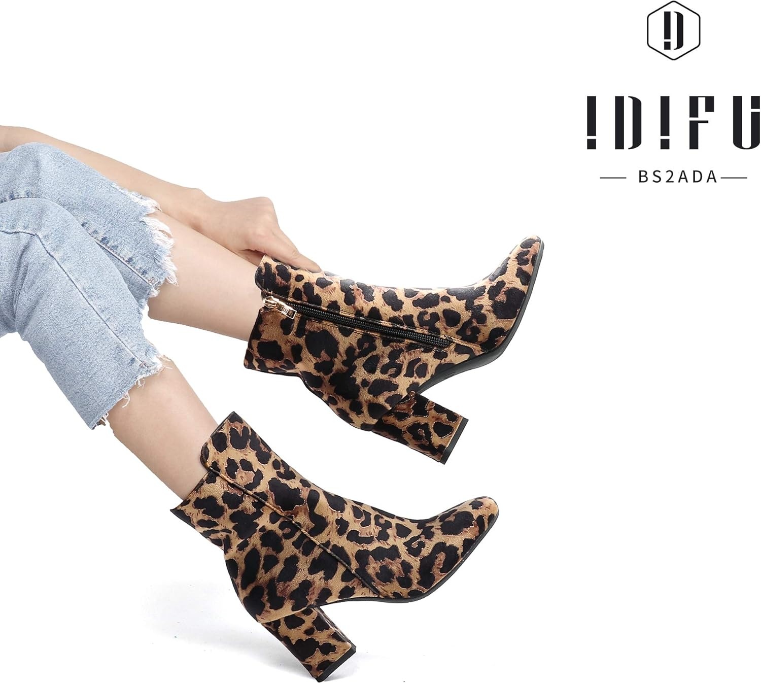 image:imageIDIFU Womens Ada Fashion Square Toe Ankle Boots Low Block Heel Short Boots Side Zipper Booties Shoes Half Size LargerLeopard Suede