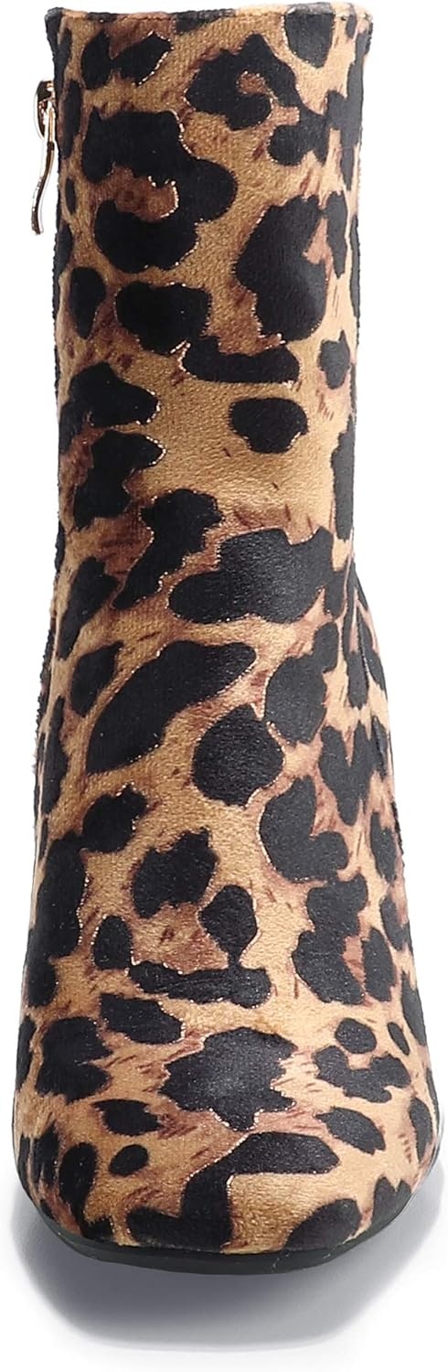 image:imageIDIFU Womens Ada Fashion Square Toe Ankle Boots Low Block Heel Short Boots Side Zipper Booties Shoes Half Size LargerLeopard Suede