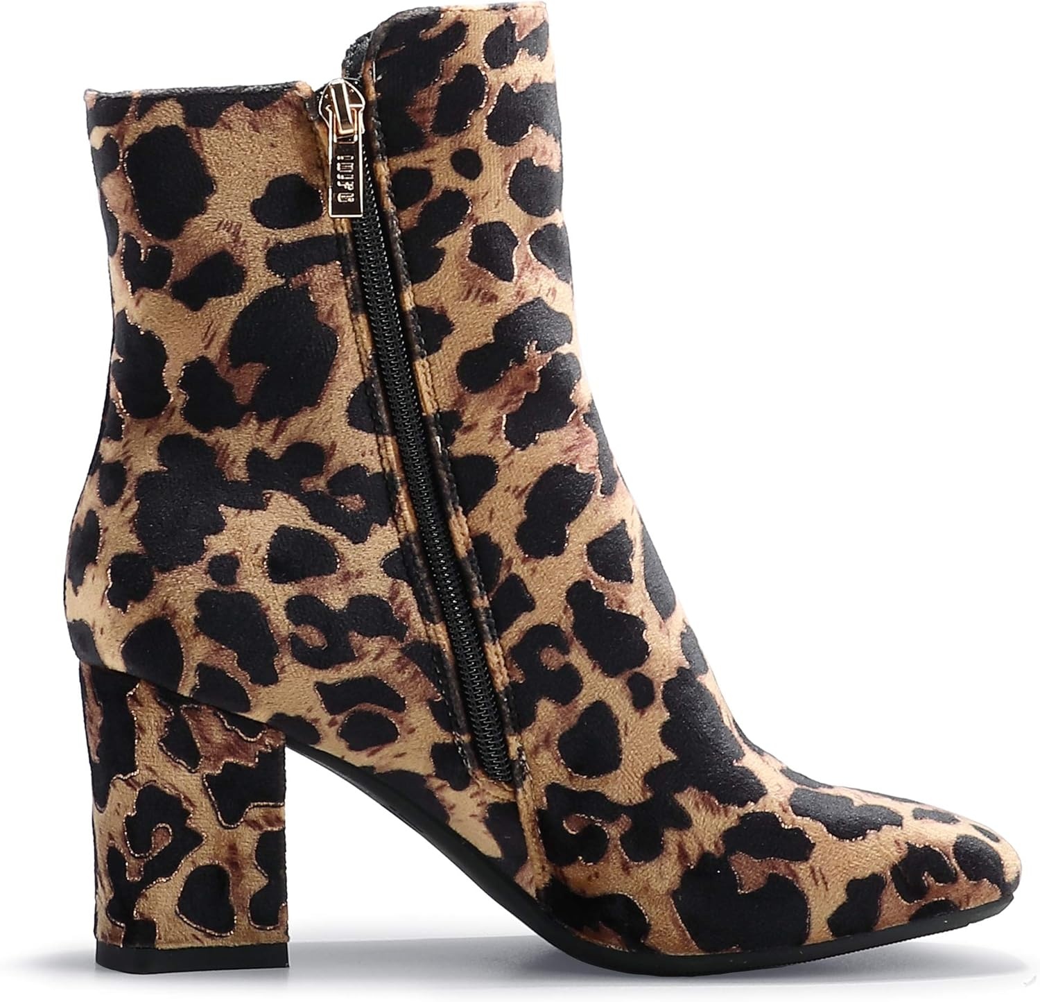image:imageIDIFU Womens Ada Fashion Square Toe Ankle Boots Low Block Heel Short Boots Side Zipper Booties Shoes Half Size LargerLeopard Suede