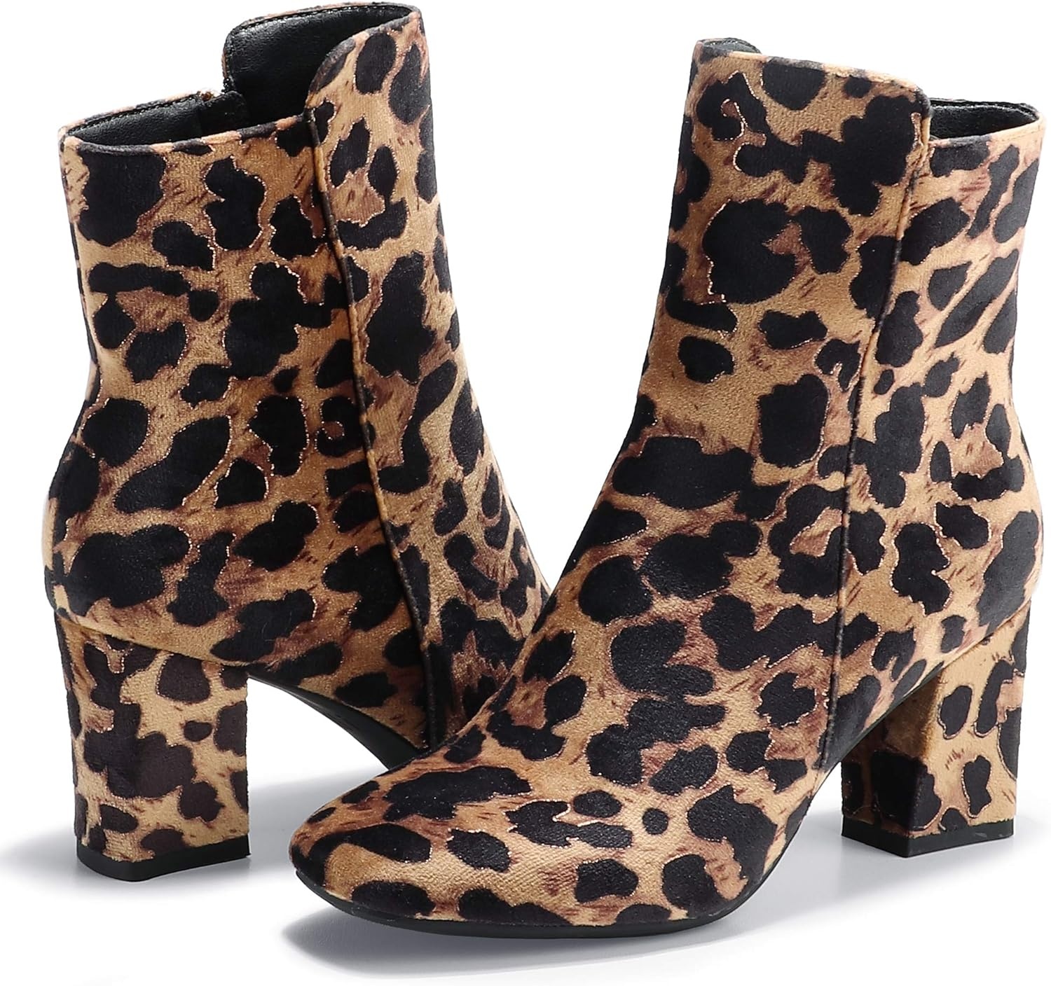 image:imageIDIFU Womens Ada Fashion Square Toe Ankle Boots Low Block Heel Short Boots Side Zipper Booties Shoes Half Size LargerLeopard Suede