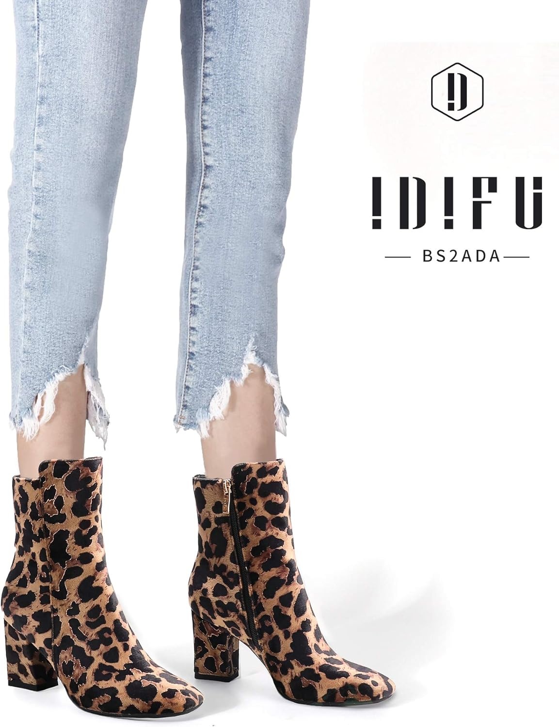 image:imageIDIFU Womens Ada Fashion Square Toe Ankle Boots Low Block Heel Short Boots Side Zipper Booties Shoes Half Size LargerLeopard Suede