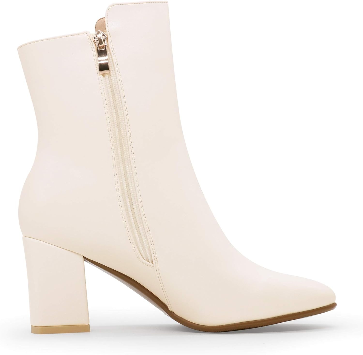 image:imageIDIFU Womens Ada Fashion Square Toe Ankle Boots Low Block Heel Short Boots Side Zipper Booties Shoes Half Size LargerOff White Pu