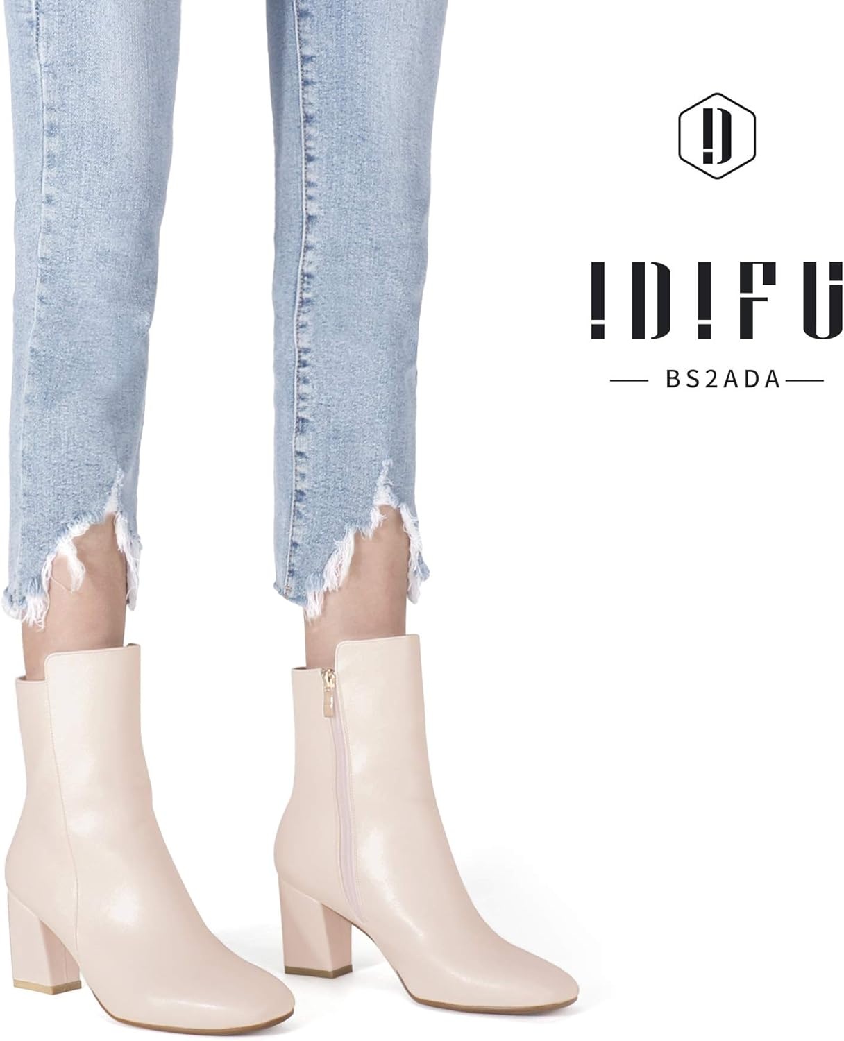 image:imageIDIFU Womens Ada Fashion Square Toe Ankle Boots Low Block Heel Short Boots Side Zipper Booties Shoes Half Size LargerOff White Pu