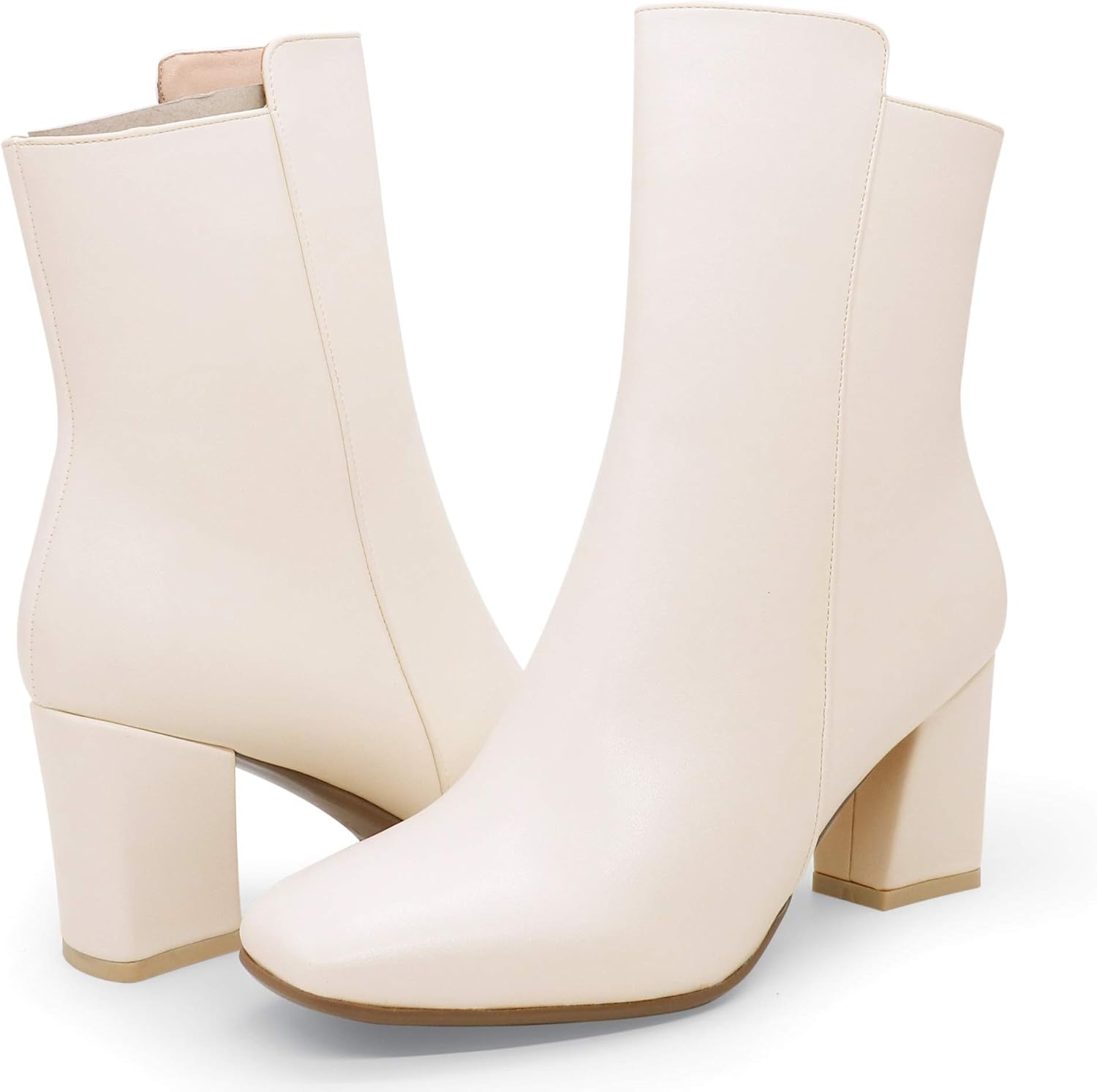 image:imageIDIFU Womens Ada Fashion Square Toe Ankle Boots Low Block Heel Short Boots Side Zipper Booties Shoes Half Size LargerOff White Pu