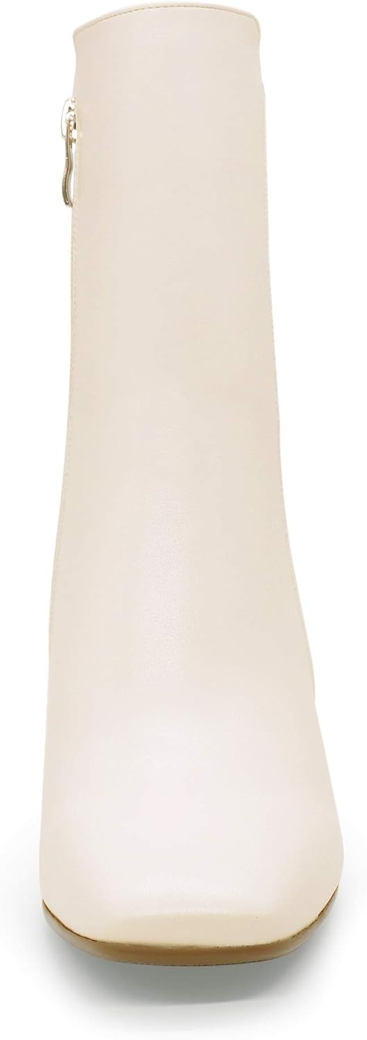 image:imageIDIFU Womens Ada Fashion Square Toe Ankle Boots Low Block Heel Short Boots Side Zipper Booties Shoes Half Size LargerOff White Pu