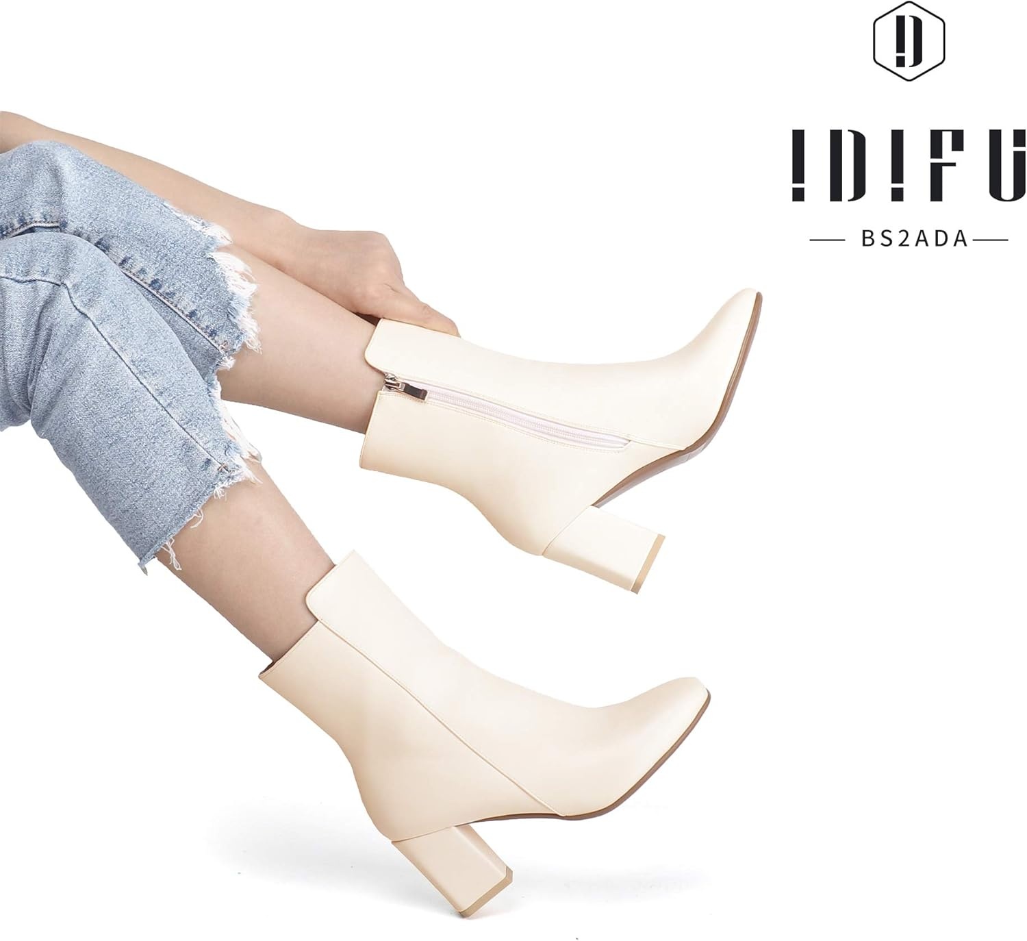 image:imageIDIFU Womens Ada Fashion Square Toe Ankle Boots Low Block Heel Short Boots Side Zipper Booties Shoes Half Size LargerOff White Pu