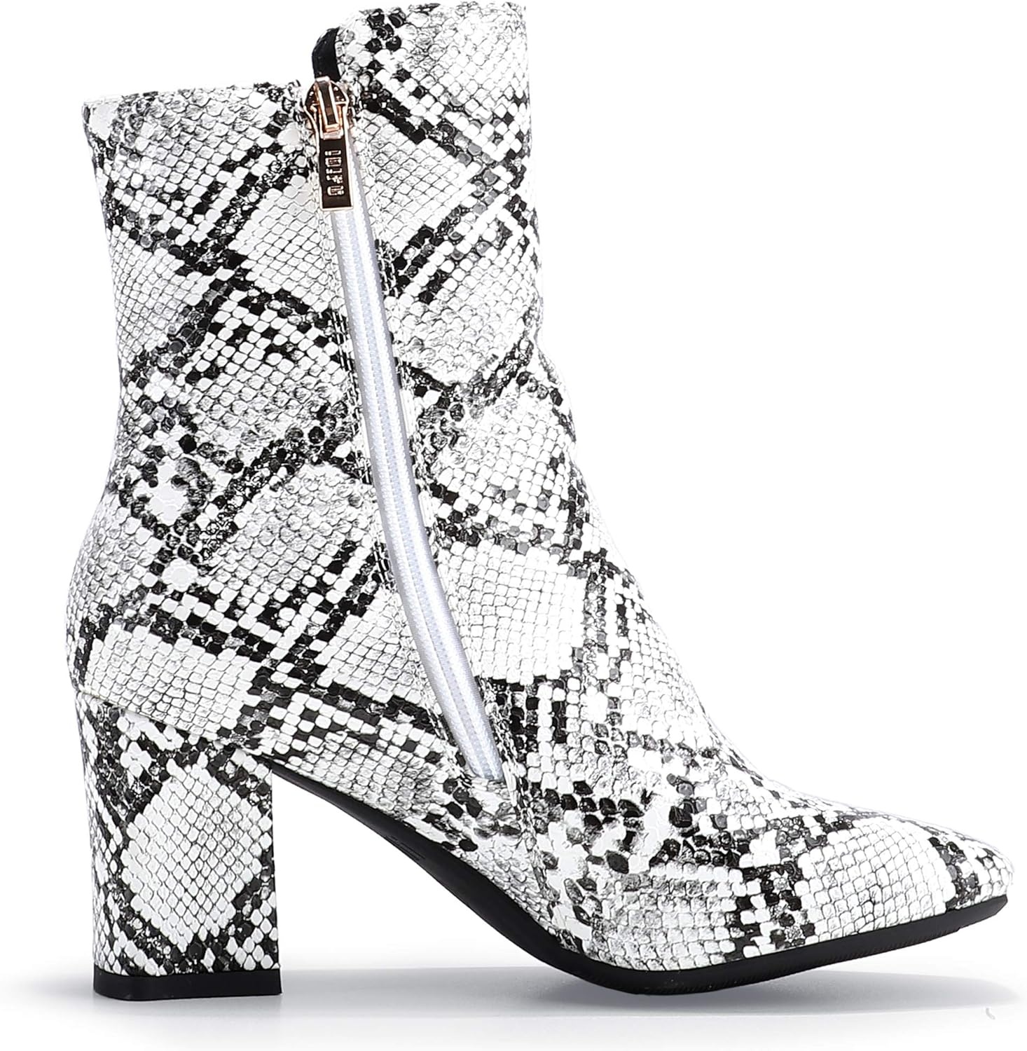 image:imageIDIFU Womens Ada Fashion Square Toe Ankle Boots Low Block Heel Short Boots Side Zipper Booties Shoes Half Size LargerSnake White