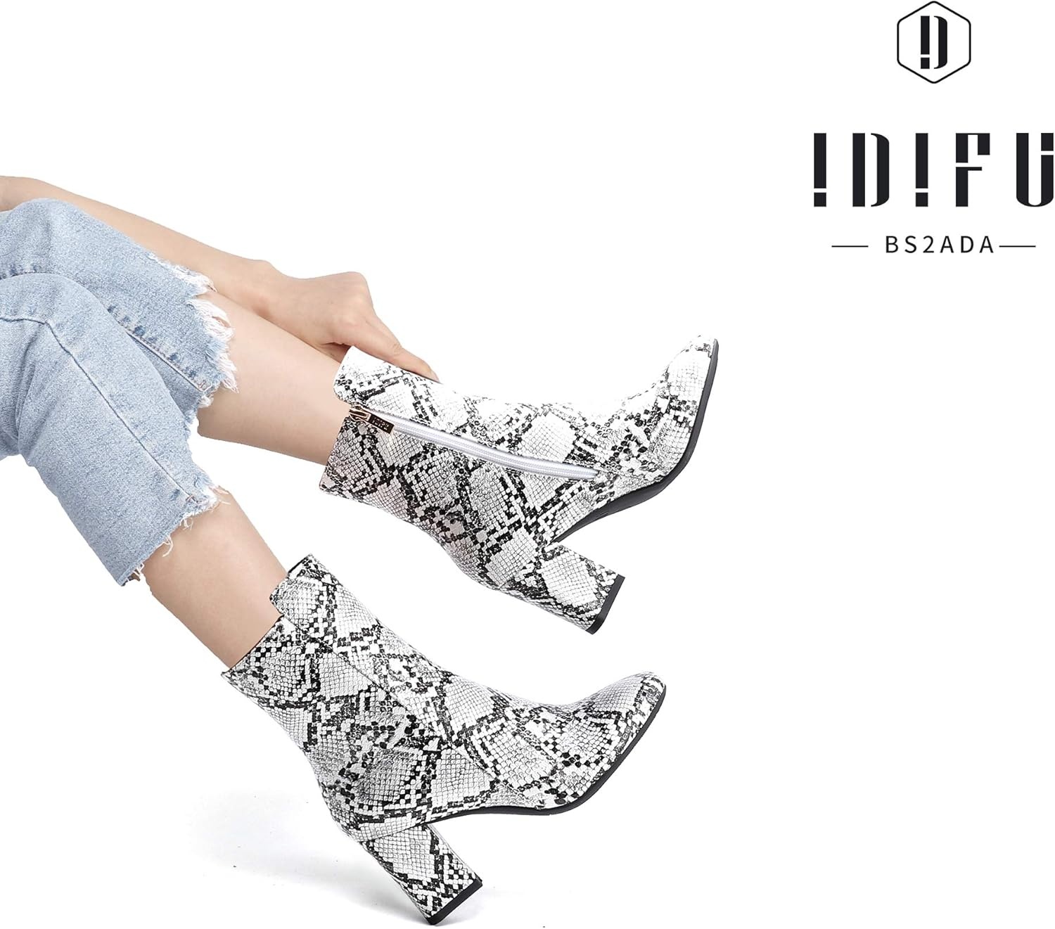 image:imageIDIFU Womens Ada Fashion Square Toe Ankle Boots Low Block Heel Short Boots Side Zipper Booties Shoes Half Size LargerSnake White