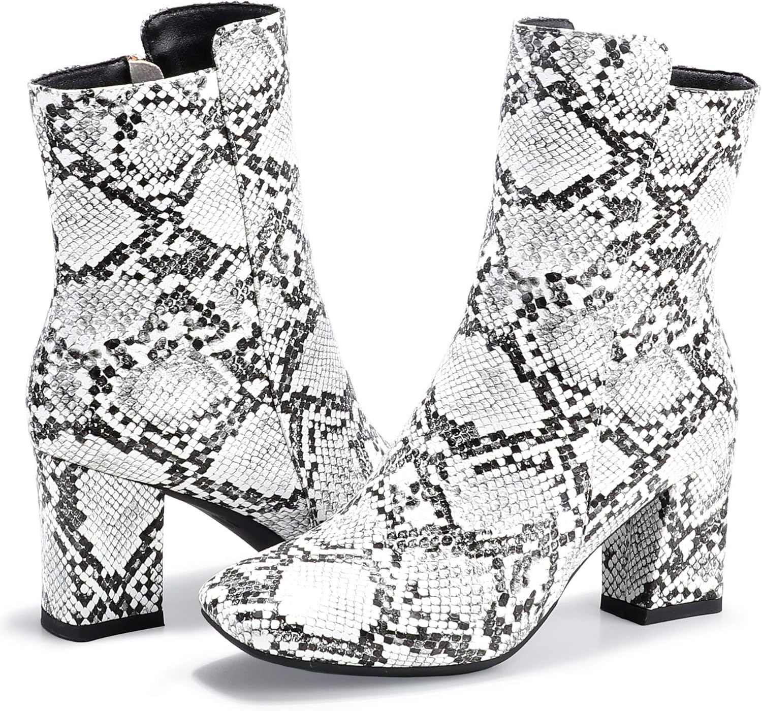 image:imageIDIFU Womens Ada Fashion Square Toe Ankle Boots Low Block Heel Short Boots Side Zipper Booties Shoes Half Size LargerSnake White