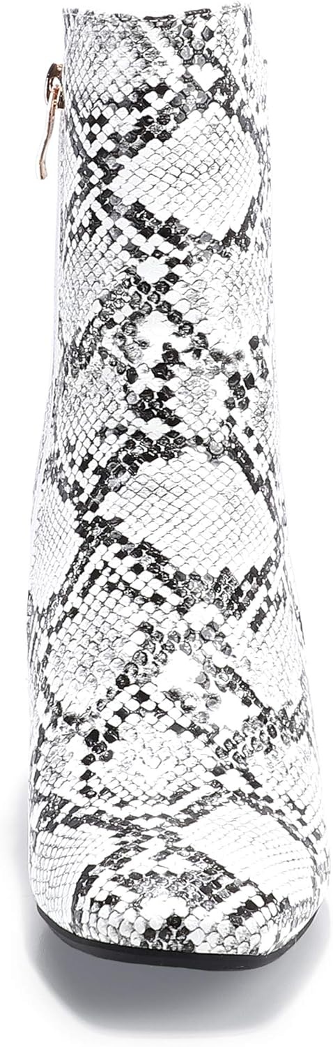 image:imageIDIFU Womens Ada Fashion Square Toe Ankle Boots Low Block Heel Short Boots Side Zipper Booties Shoes Half Size LargerSnake White
