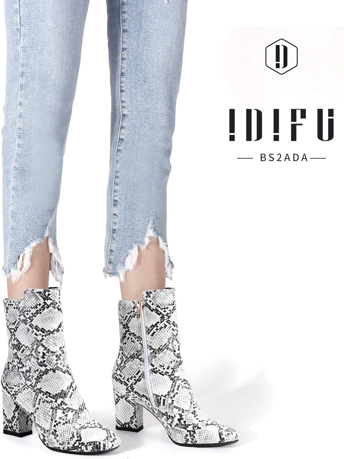 image:imageIDIFU Womens Ada Fashion Square Toe Ankle Boots Low Block Heel Short Boots Side Zipper Booties Shoes Half Size LargerSnake White
