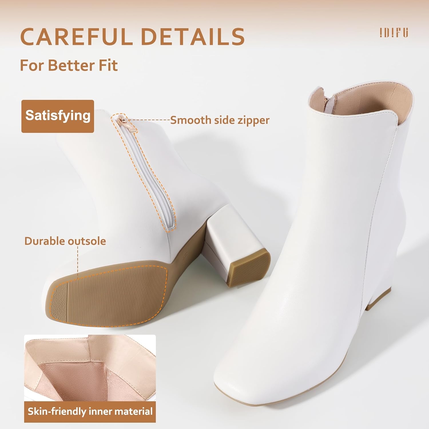 image:imageIDIFU Womens Ada Fashion Square Toe Ankle Boots Low Block Heel Short Boots Side Zipper Booties Shoes Half Size LargerWhite Pu