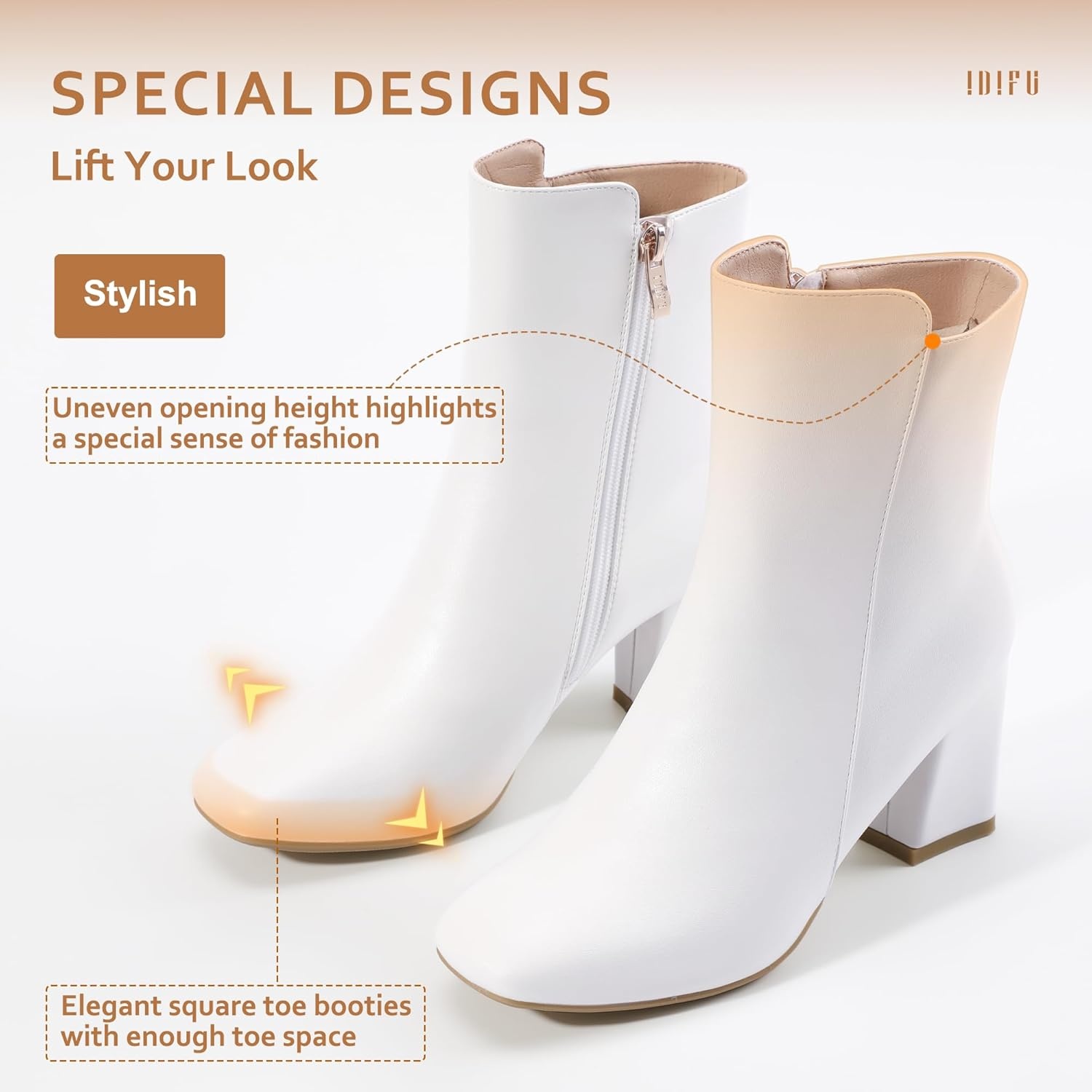 image:imageIDIFU Womens Ada Fashion Square Toe Ankle Boots Low Block Heel Short Boots Side Zipper Booties Shoes Half Size LargerWhite Pu