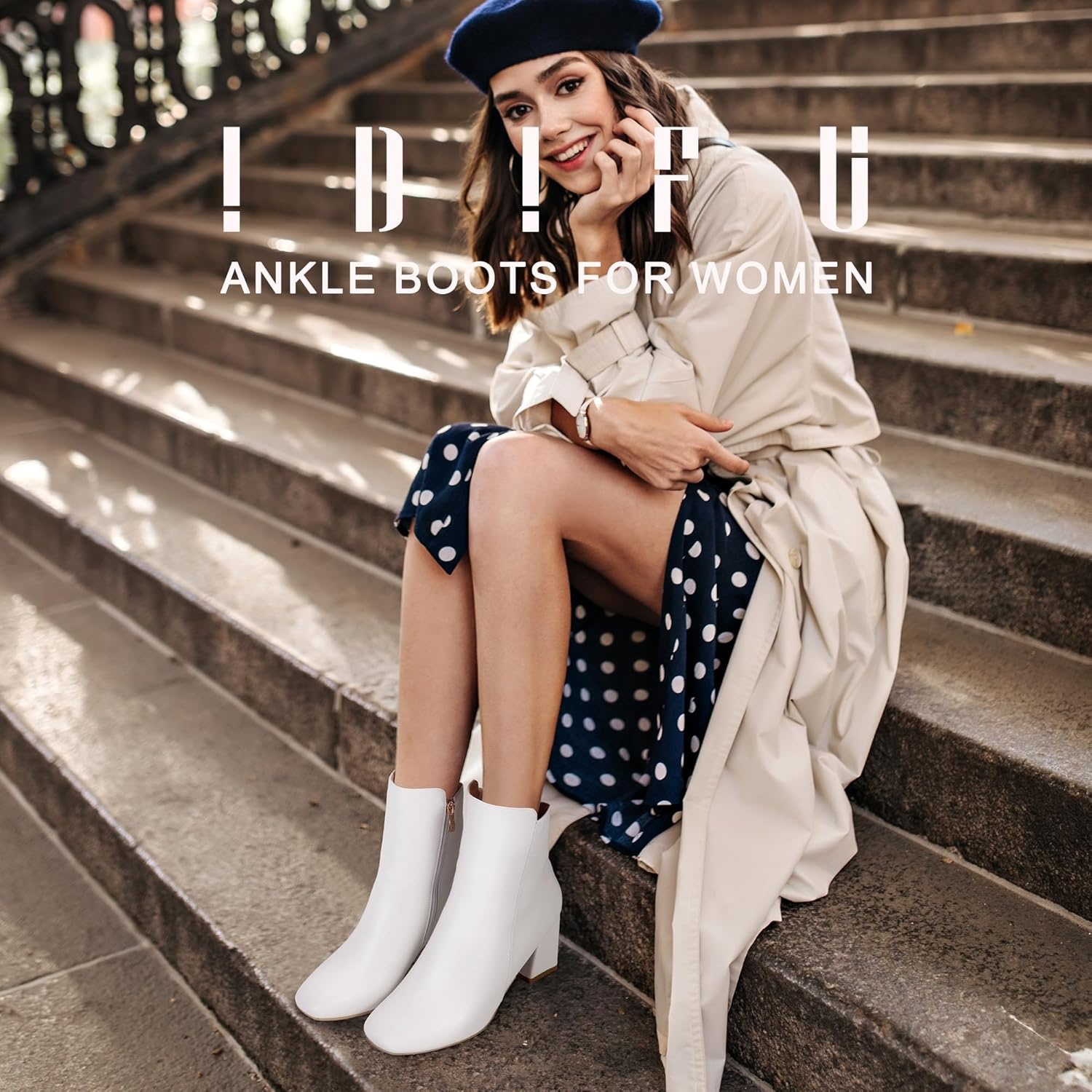 image:imageIDIFU Womens Ada Fashion Square Toe Ankle Boots Low Block Heel Short Boots Side Zipper Booties Shoes Half Size LargerWhite Pu