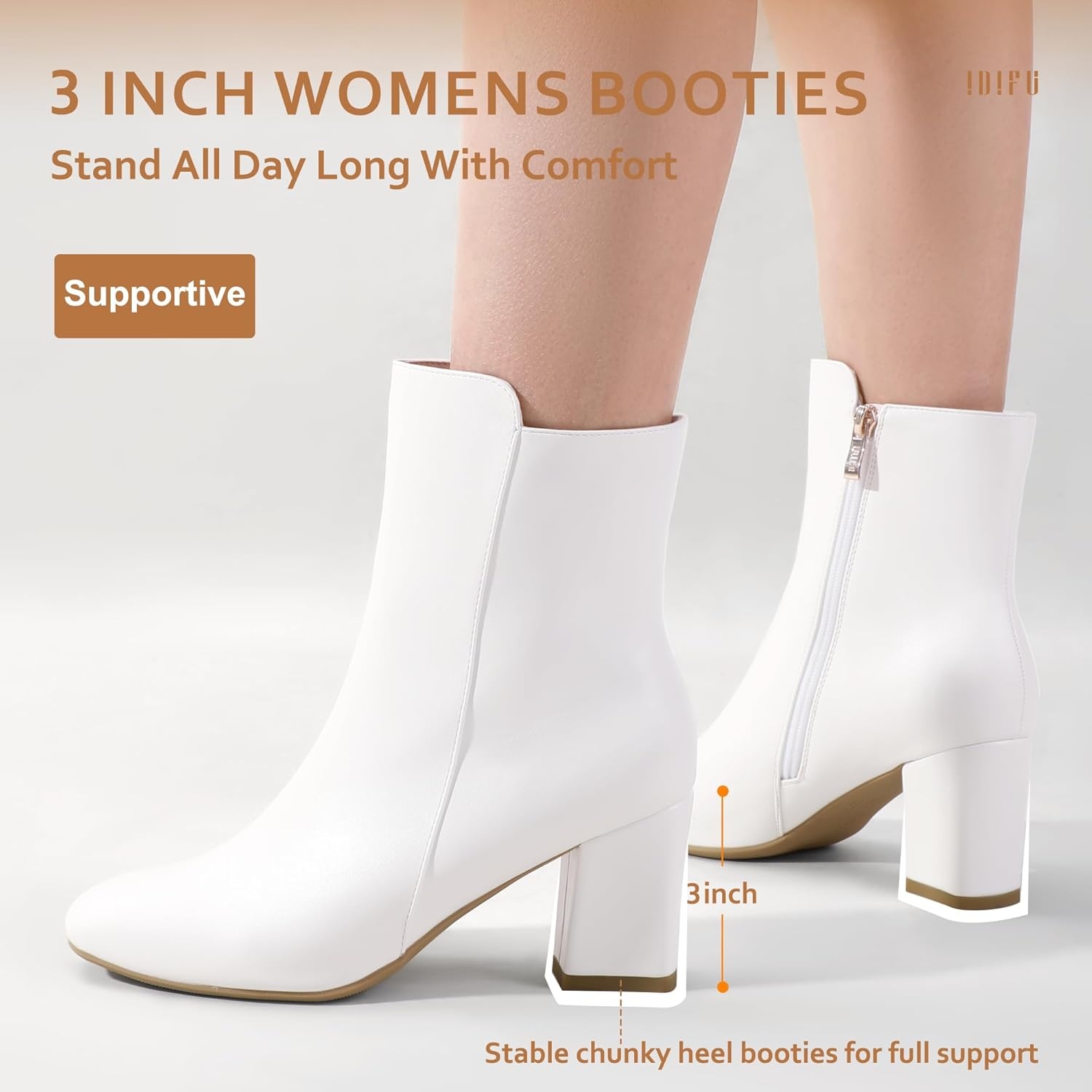 image:imageIDIFU Womens Ada Fashion Square Toe Ankle Boots Low Block Heel Short Boots Side Zipper Booties Shoes Half Size LargerWhite Pu