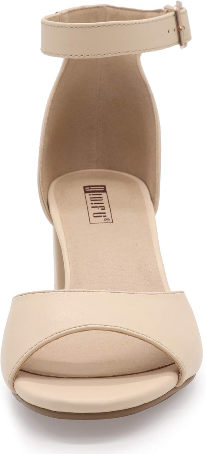 image:imageIDIFU Womens Candie Low Block Heels Sandals Peep Toe Chunky Ankle Strap Wedding Dress ShoesBeige Pu