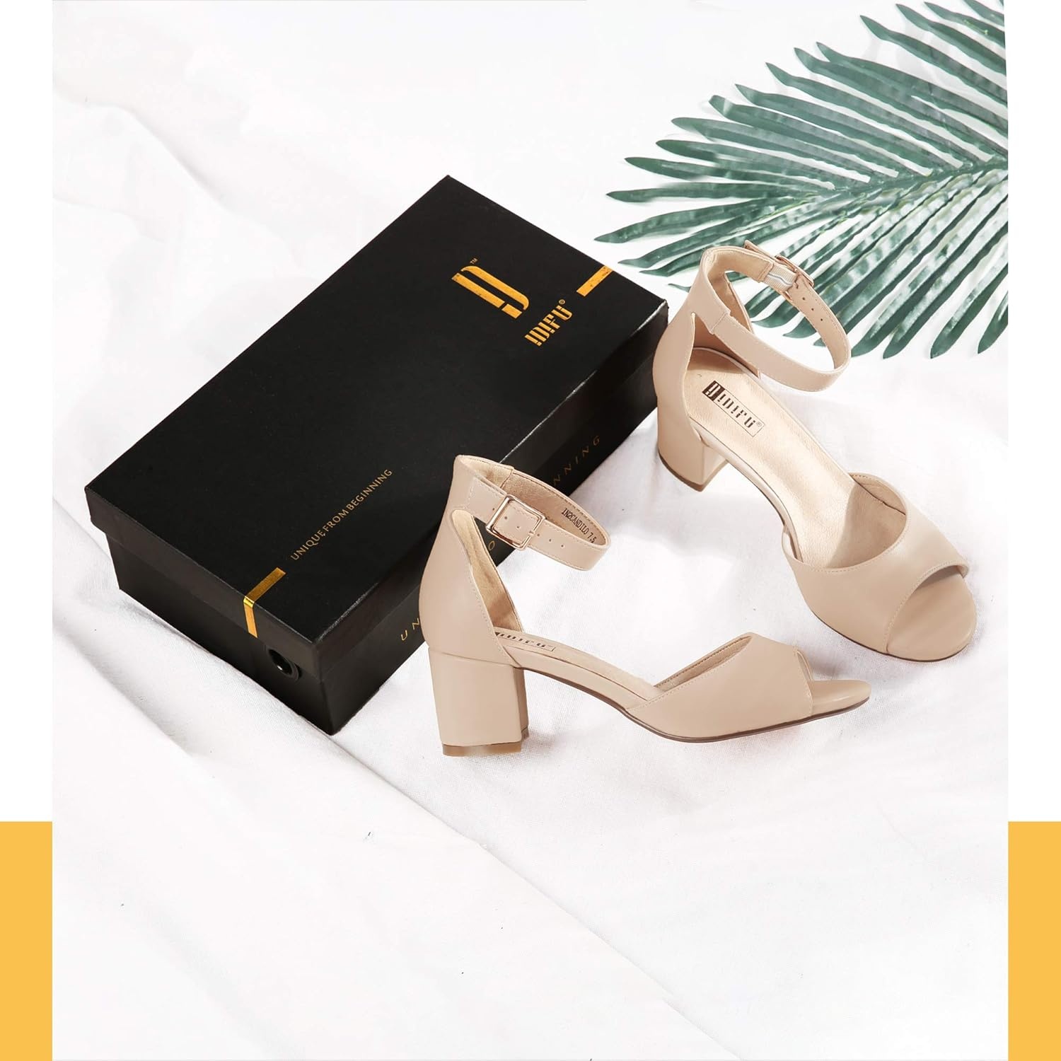 image:imageIDIFU Womens Candie Low Block Heels Sandals Peep Toe Chunky Ankle Strap Wedding Dress ShoesBeige Pu