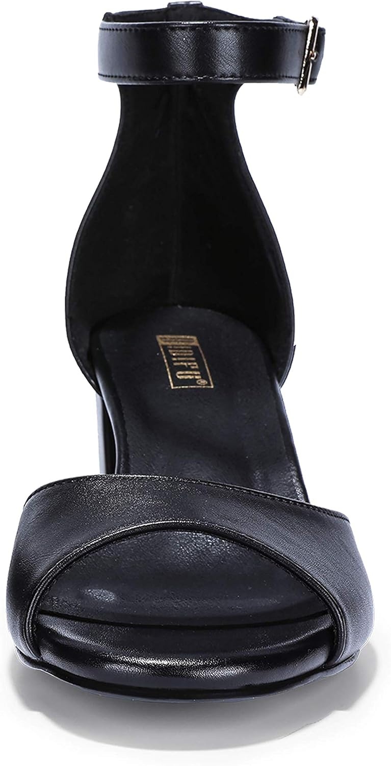 image:imageIDIFU Womens Candie Low Block Heels Sandals Peep Toe Chunky Ankle Strap Wedding Dress ShoesBlack Pu