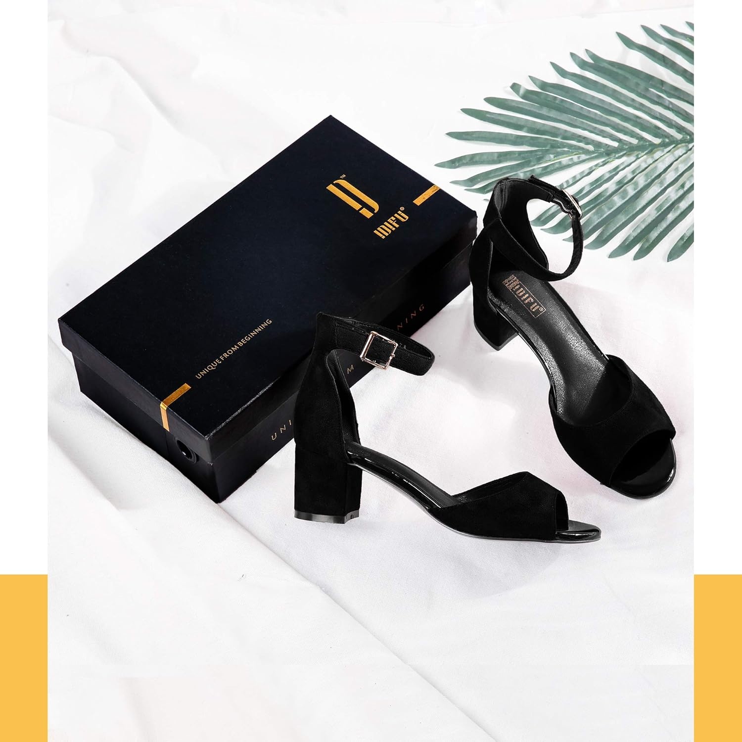 image:imageIDIFU Womens Candie Low Block Heels Sandals Peep Toe Chunky Ankle Strap Wedding Dress ShoesBlack Suede