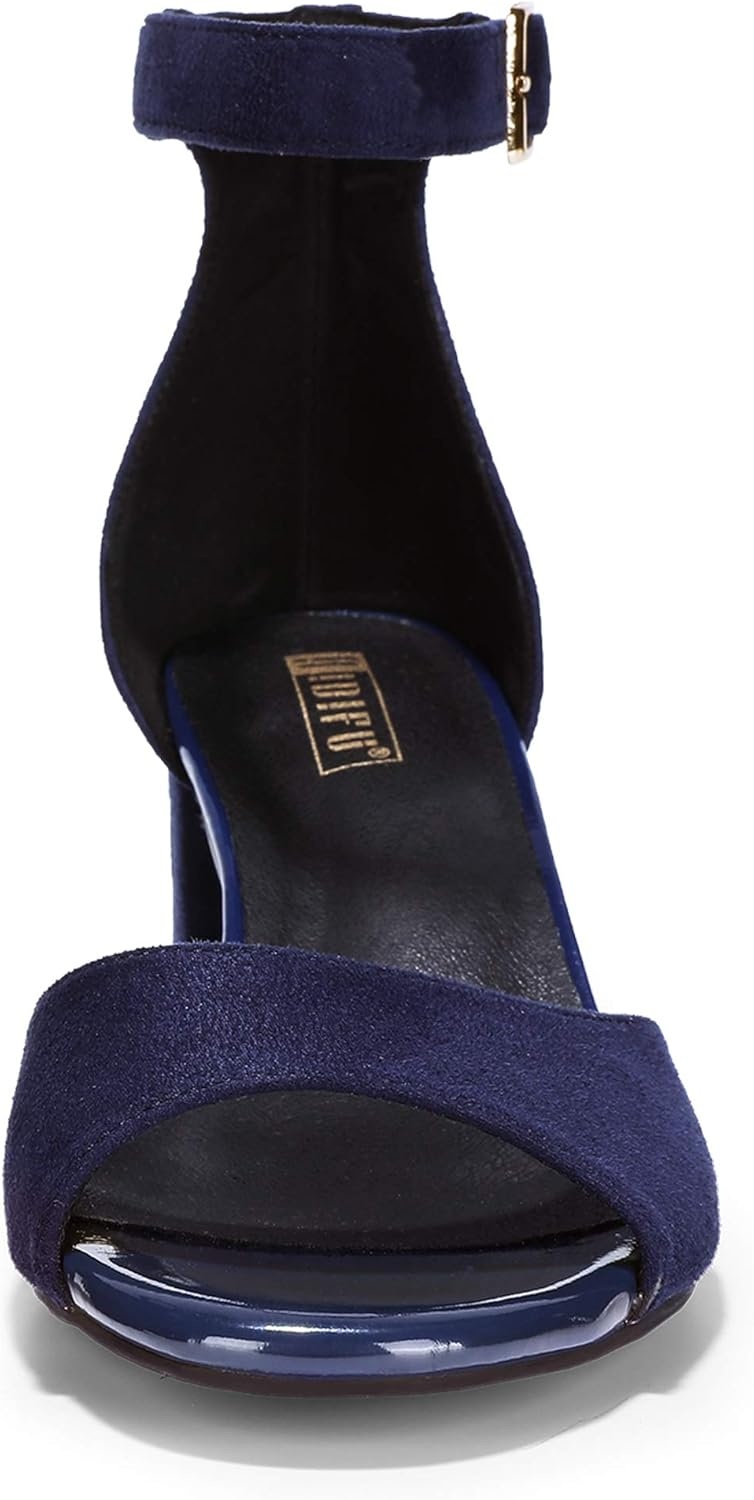 image:imageIDIFU Womens Candie Low Block Heels Sandals Peep Toe Chunky Ankle Strap Wedding Dress ShoesBlue Suede