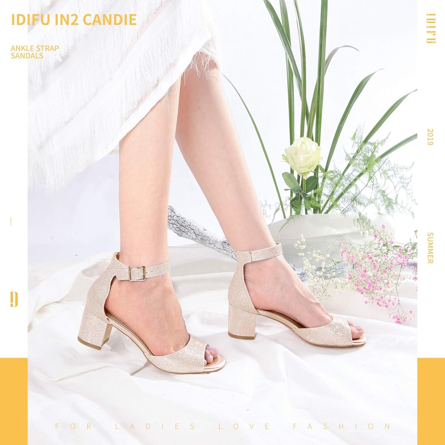 image:imageIDIFU Womens Candie Low Block Heels Sandals Peep Toe Chunky Ankle Strap Wedding Dress ShoesGold Glitter