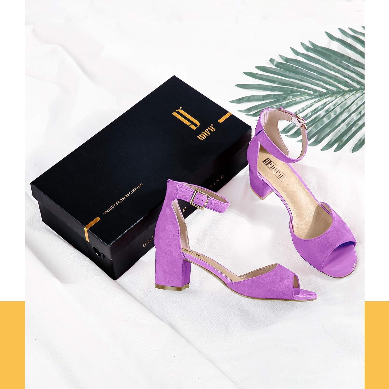 image:imageIDIFU Womens Candie Low Block Heels Sandals Peep Toe Chunky Ankle Strap Wedding Dress ShoesLavender Suede