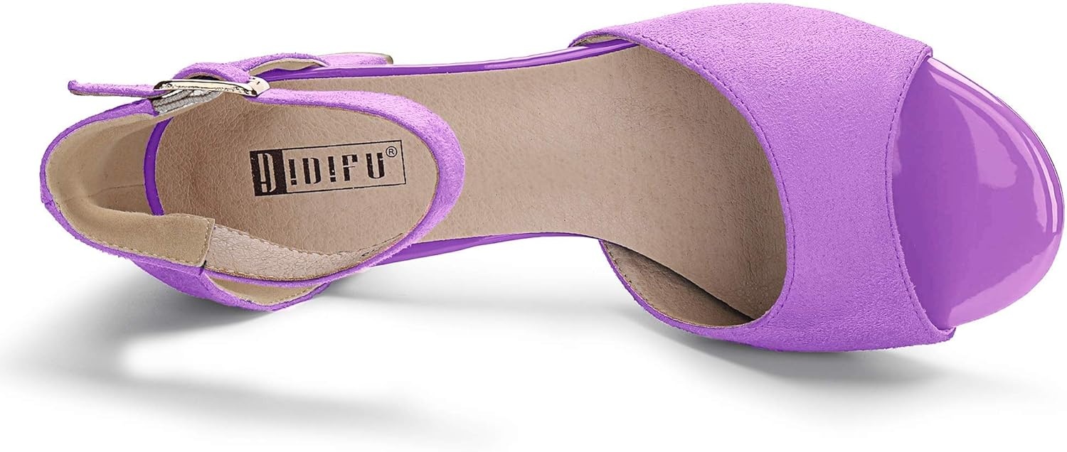 image:imageIDIFU Womens Candie Low Block Heels Sandals Peep Toe Chunky Ankle Strap Wedding Dress ShoesLavender Suede