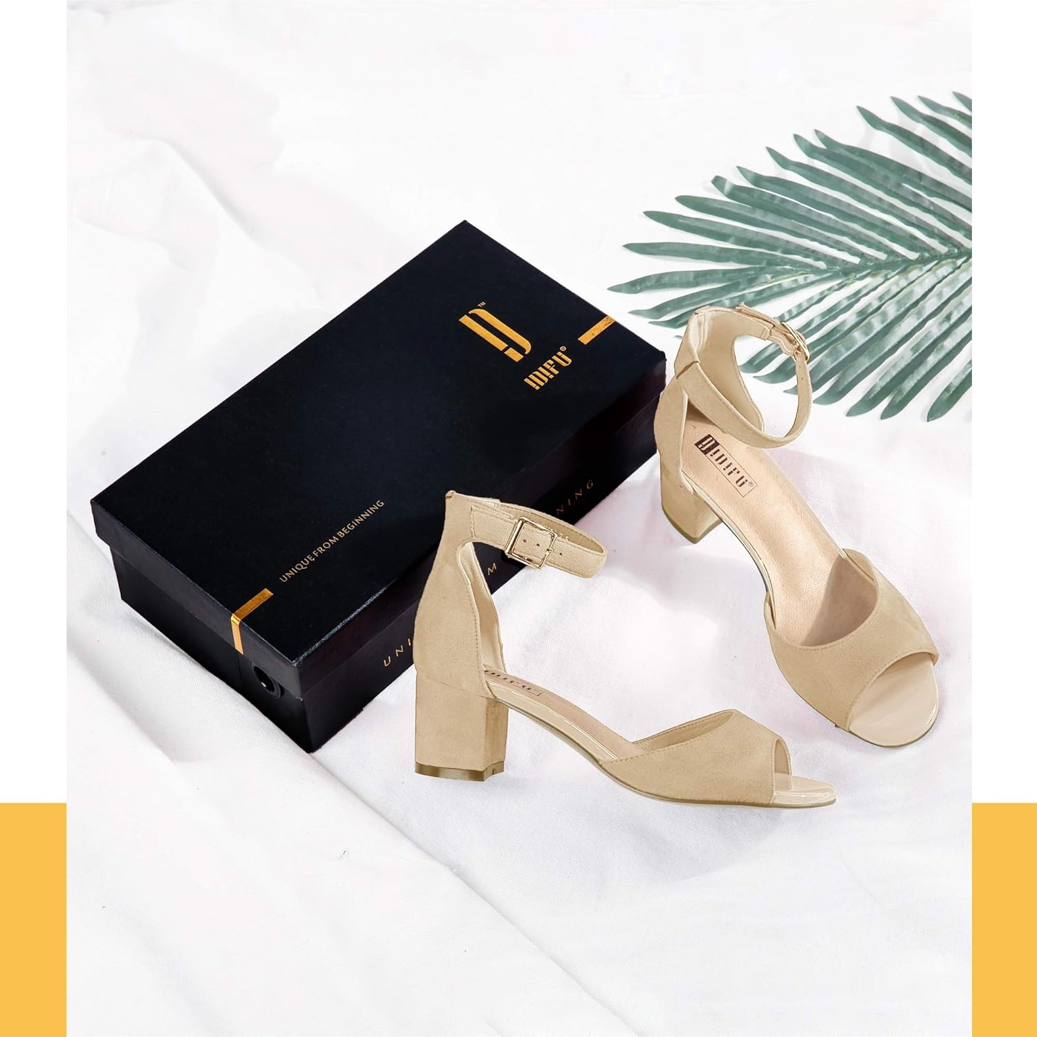 image:imageIDIFU Womens Candie Low Block Heels Sandals Peep Toe Chunky Ankle Strap Wedding Dress ShoesNude Suede