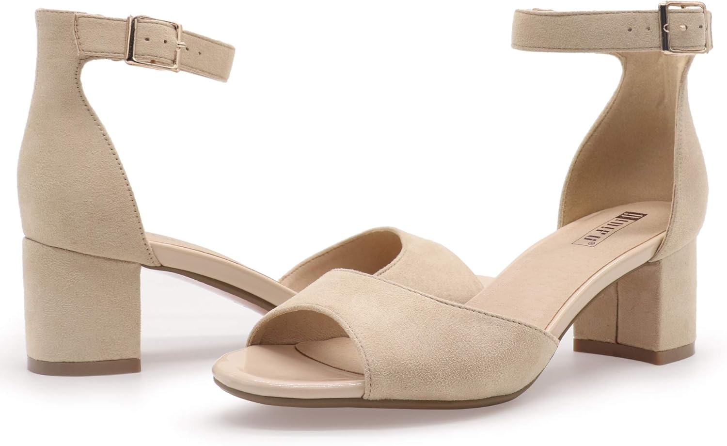 image:imageIDIFU Womens Candie Low Block Heels Sandals Peep Toe Chunky Ankle Strap Wedding Dress ShoesNude Suede