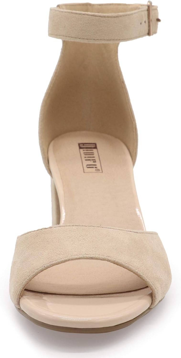 image:imageIDIFU Womens Candie Low Block Heels Sandals Peep Toe Chunky Ankle Strap Wedding Dress ShoesNude Suede