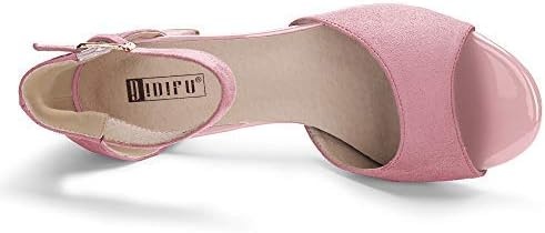 image:imageIDIFU Womens Candie Low Block Heels Sandals Peep Toe Chunky Ankle Strap Wedding Dress ShoesPink Suede