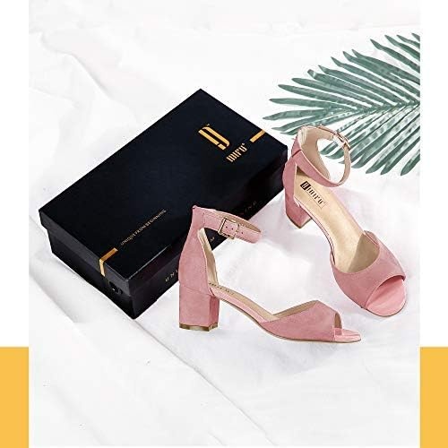 image:imageIDIFU Womens Candie Low Block Heels Sandals Peep Toe Chunky Ankle Strap Wedding Dress ShoesPink Suede