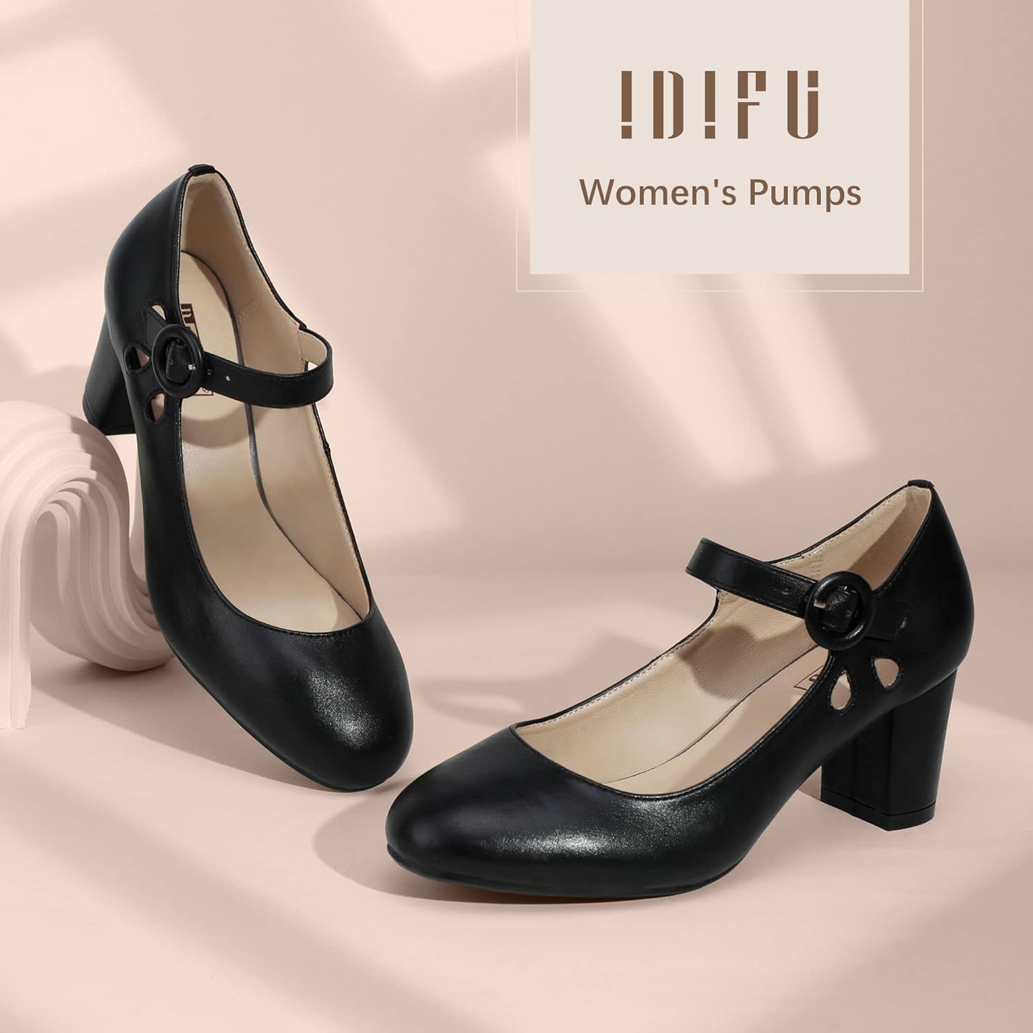 image:imageIDIFU Womens Candy Dress Mary Jane Shoes Low Block Heels Closed Round Toe Office Work Church Wedding PumpsBlack