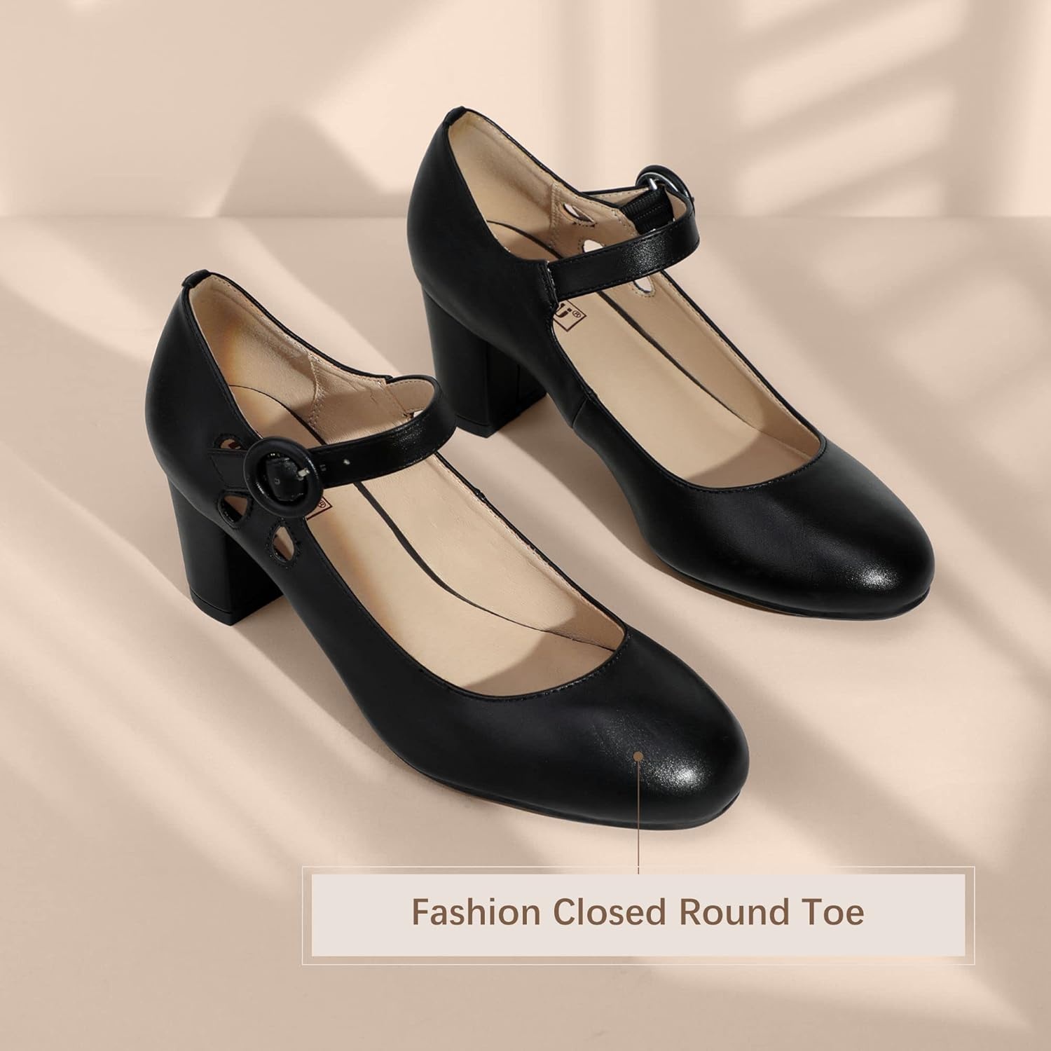 image:imageIDIFU Womens Candy Dress Mary Jane Shoes Low Block Heels Closed Round Toe Office Work Church Wedding PumpsBlack