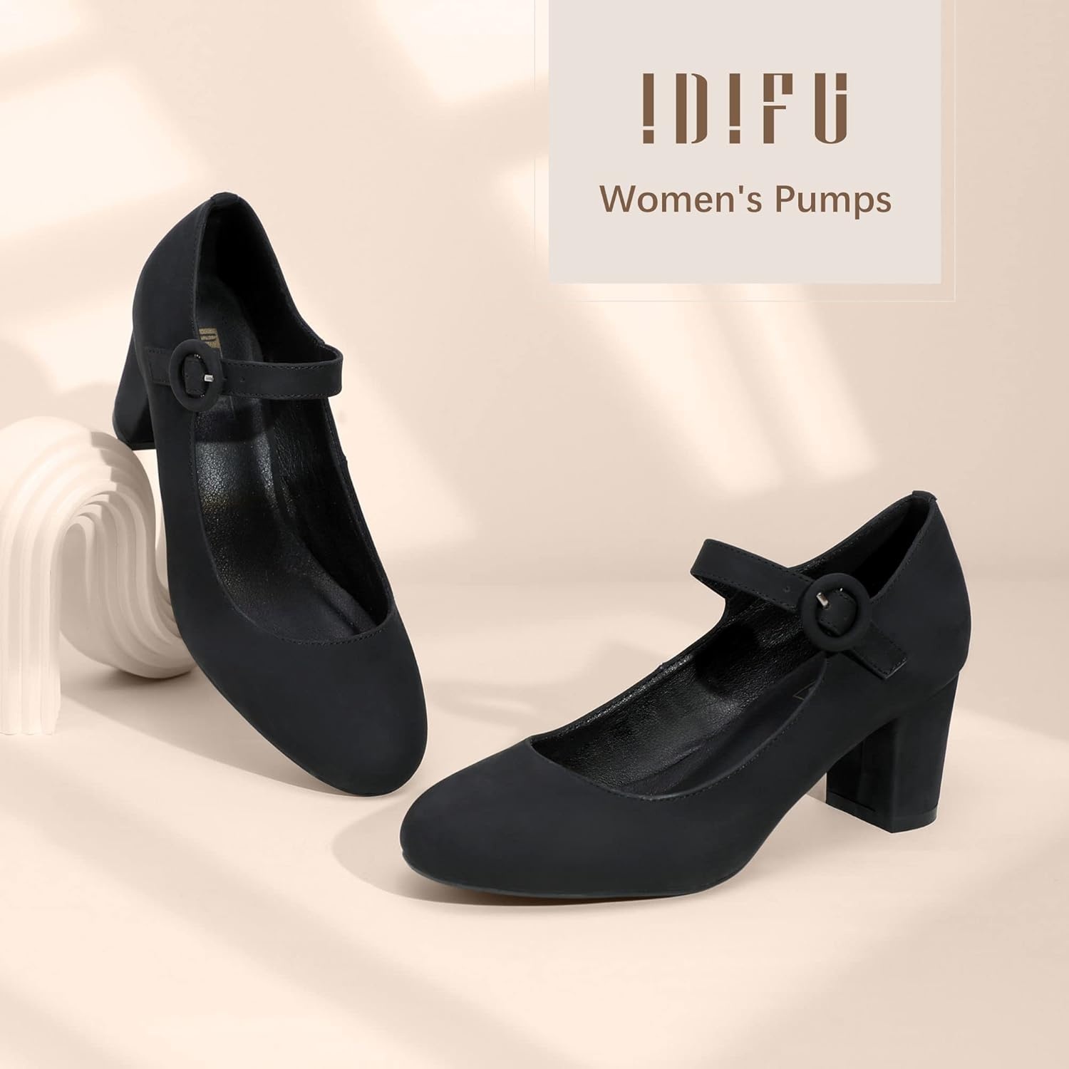 image:imageIDIFU Womens Candy Dress Mary Jane Shoes Low Block Heels Closed Round Toe Office Work Church Wedding PumpsBlack Nubuck