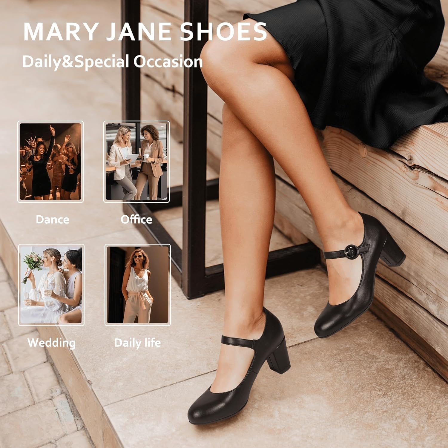 image:imageIDIFU Womens Candy Dress Mary Jane Shoes Low Block Heels Closed Round Toe Office Work Church Wedding PumpsBlack Pu