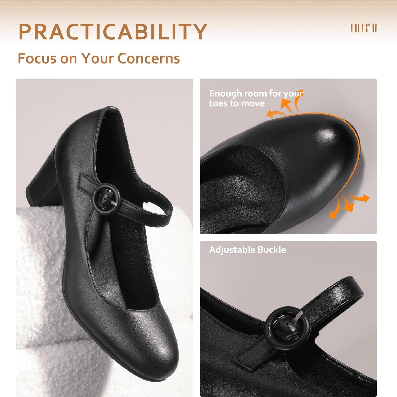 image:imageIDIFU Womens Candy Dress Mary Jane Shoes Low Block Heels Closed Round Toe Office Work Church Wedding PumpsBlack Pu