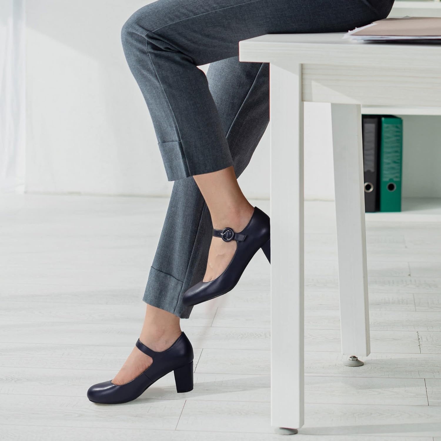 image:imageIDIFU Womens Candy Dress Mary Jane Shoes Low Block Heels Closed Round Toe Office Work Church Wedding PumpsBlue Pu