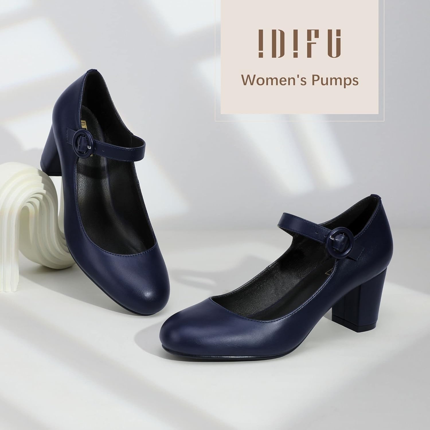 image:imageIDIFU Womens Candy Dress Mary Jane Shoes Low Block Heels Closed Round Toe Office Work Church Wedding PumpsBlue Pu