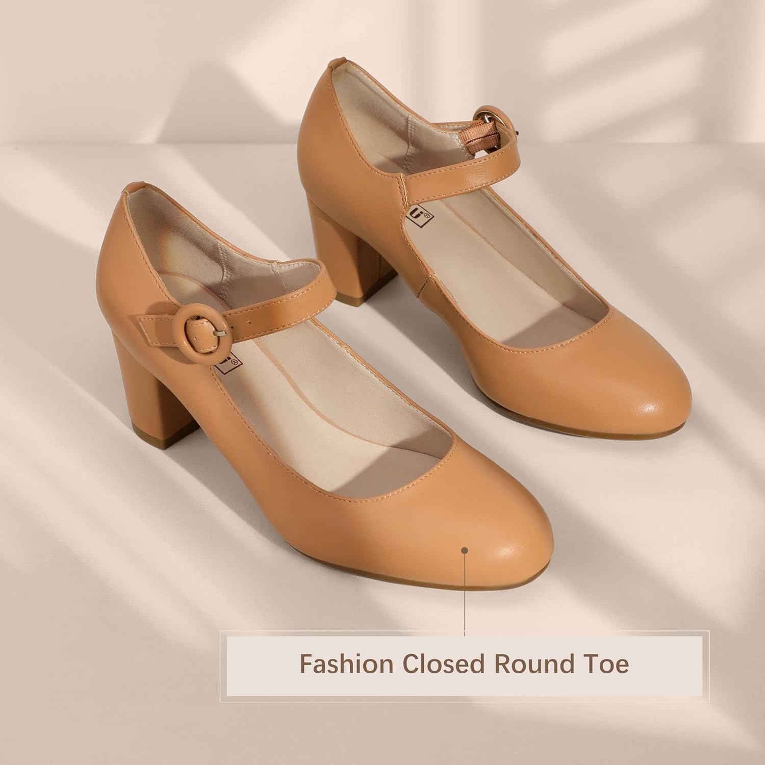 image:imageIDIFU Womens Candy Dress Mary Jane Shoes Low Block Heels Closed Round Toe Office Work Church Wedding PumpsDark Nude Pu