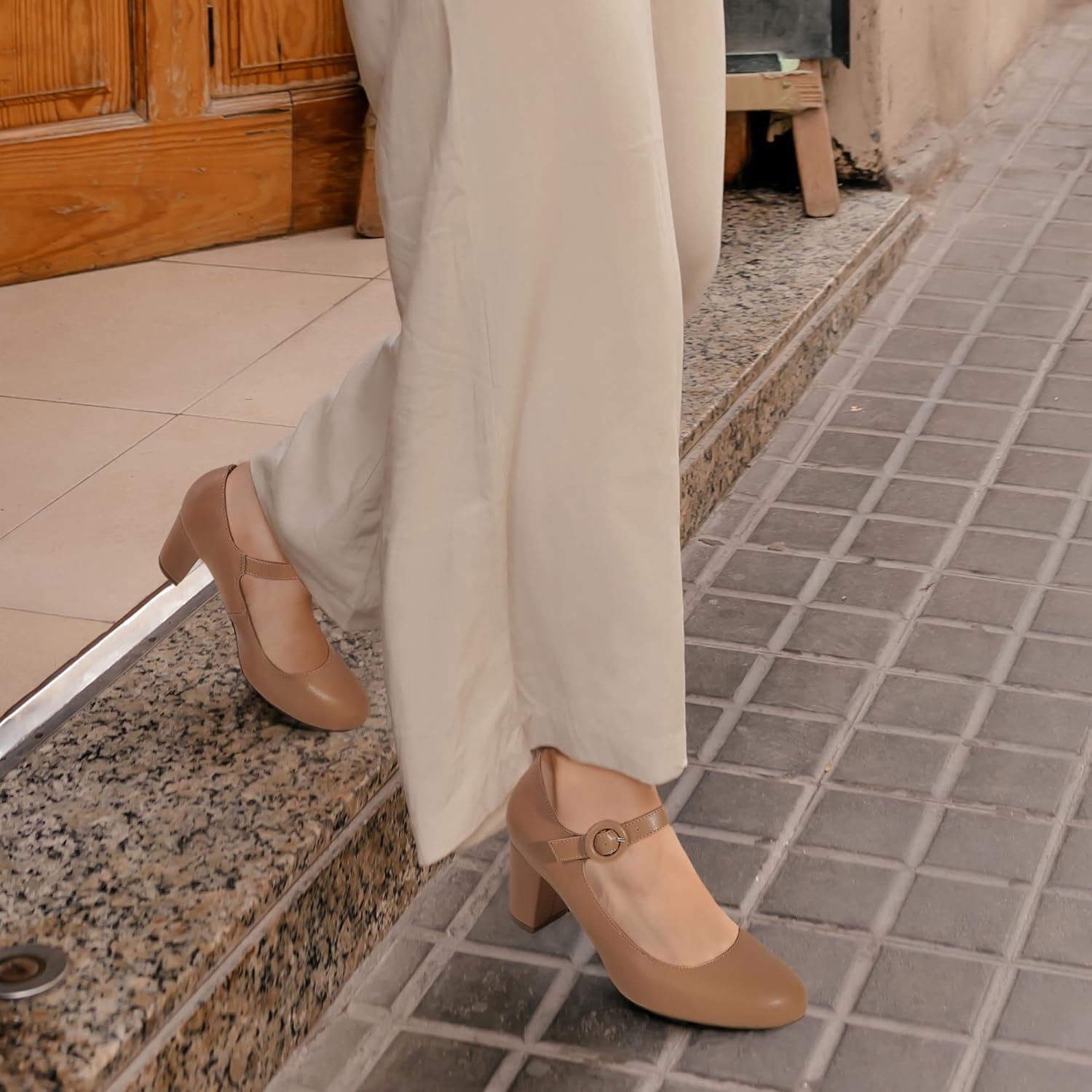 image:imageIDIFU Womens Candy Dress Mary Jane Shoes Low Block Heels Closed Round Toe Office Work Church Wedding PumpsDark Nude Pu