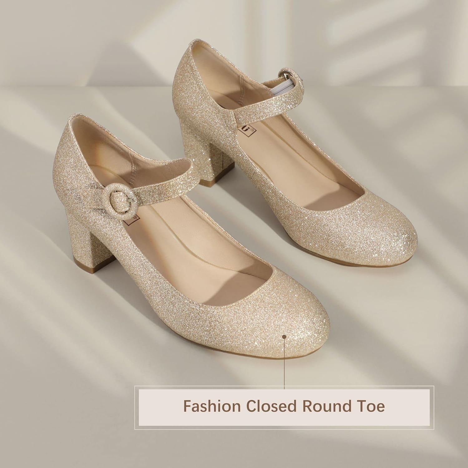 image:imageIDIFU Womens Candy Dress Mary Jane Shoes Low Block Heels Closed Round Toe Office Work Church Wedding PumpsGold Glitter